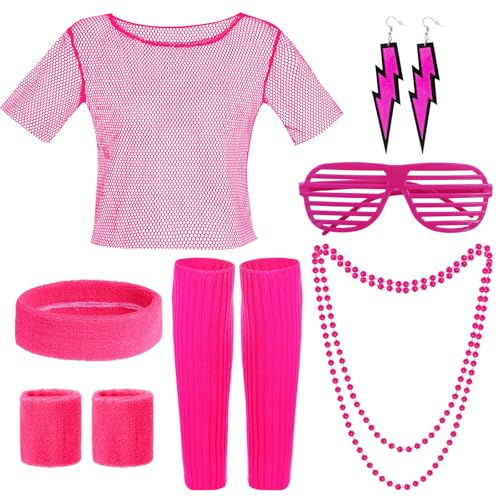Yolyoo 80er Jahre Outfit Damen Netzoberteil Accessoire 80er Netzshirt Haarreif Halskette Netzhandschuhe Beinstulpen Halloween Karneval Cosplay Party Kostüm Accessoires (Rosa)