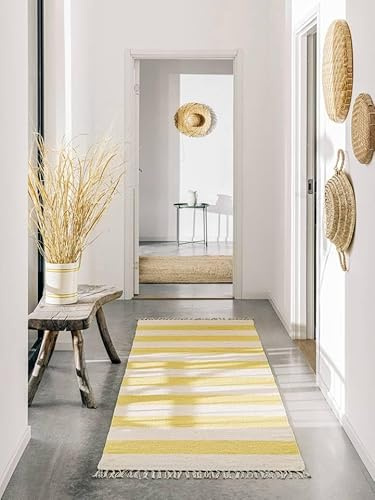 RugVista Cotton Stripe, Teppich, Kelim Modern, 80 x 300 cm, Rechteckig, Mittlerer Stapel, Wohnzimmer, Schlafzimmer, Küche, Diele, Nur chemische Reinigung, Care & Fair Zertifiziert, Gelb