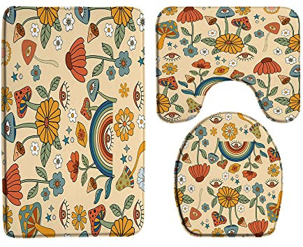 Wc Vorleger Set 3 Teilig Retro Boho Pilz 60Er 70Er Blume Funky Pflanze Vintage Blumenaugen Regenbogen Trippy Süß Badteppich-Set 3-Teilig rutschfeste U-Förmiger Teppich Badezimmer-Garnitur