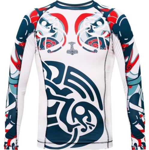 Hardcore Training Men's Rash Guard Compression Long Sleeve Viking Nordic Kompression Lång Arm Herr Män Jiu Jitsu MMA No-Gi Tight BJJ (DE/NL/SE/PL, Alfa, L, Regelbunden, Regelbunden, White Blue)