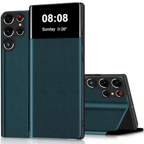 Wallet Case für Samsung Galaxy S23 Ultra Hülle Clear View Handyhülle für Samsung S23 Ultra Klapphülle Flip Cover mit Ständer Stoßfest Kratzfest Leder Schutzhülle Kartenfach Handytasche 5G (Grün)