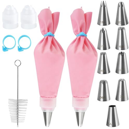 Piping Bags and Nozzles Set,16 Pcs Cake Piping Kit with 2 Reusable 12 Inch Piping Bags Icing Bag with Cleaning Brush,9 Stainless Steel Cake Piping Nozzles Tips Kits,2 Coupler,2 Bag Ties
