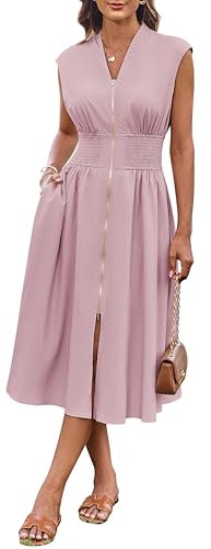 GRACE KARIN Women's Summer Casual Dress with V-Neck Cap Sleeves Front Zipper Flowing Midi Dress with Pockets Gray Pink M