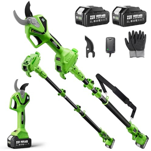 TaskStar Electric Pruning Shears with Pole: 1.6 Cutting Diameter 2-in-1 Cordless Pole Pruner - 2 Pcs 4.0Ah Batteries, Brushless Motor, Extra SK5 Blade, Branches Cutter for Flower Tree Trimming