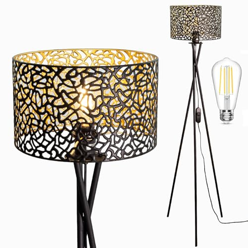 Osasy Stehlampe dimmbar Schwarz Gold, Dreibein 148 cm, E27 LED 6W warmweiß, Metall-Lampenschirm mit Drehdimmer, für Wohnzimmer & Schlafzimmer