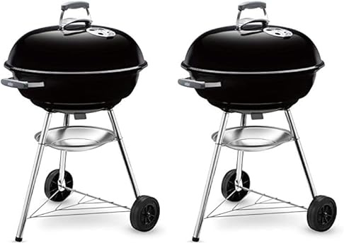 Weber Compact Kettle Holzkohlegrill, Ø 57cm Grillfäche, BBQ Grill mit porzellanemaillierten Deckel & Kessel, Dreibein-Ständer & Räder, verchromter Grillrost - Schwarz (1321004) (Packung mit 2)