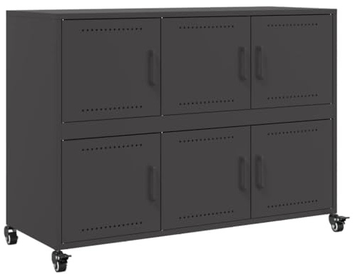 Makastle Sideboard Metall mit 4 Rollens & 6 Fächern, Metallschrank Aufbewahrungsschrank Wohnzimmerschrank Beistellschrank Mehrzweckschrank, Schwarz 100,5x39x72 cm Stahl