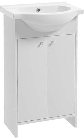 .Deftrans Badezimmerschrank mit Waschbecken und Spiegel, 85 x 65 cm, freistehend, Weiß, praktisch