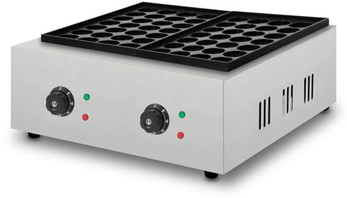VERTES Takoyaki Maker eléctrica 4000W, carcasa de acero inoxidable, 2 x temperatura regulable hasta 300 °C, placa de parrilla de hierro fundido con revestimiento antiadherente, 56 hendiduras redondas