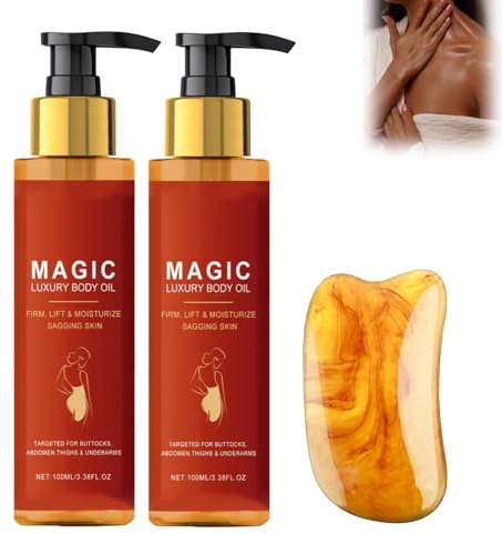 Magic Firming Body Oil,2PCS Glow Remedy Oil with Gua Sha Tool,Skin Tightening Body Moisturiser for Women, Hydrates Dry Skin,Visibly Reduces Fine Lines & Enhances Glow,Massage Oil with Rose & Lavender