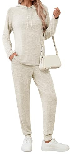 Famulily Long Sleeve Womens Tracksuit Sets Solid Color Drawstring Hoodies and Elastic Jogger Pants with Pockets S-XXL
