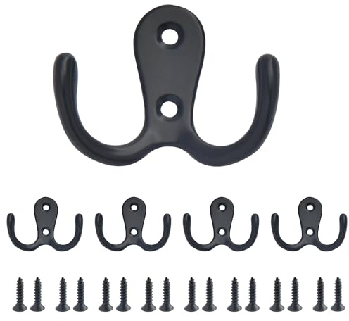 SZWLJ 5PCS Dual Coat Hooks, Black Metal Double Prong Coat Hooks Wall Mounted with Screws, Door Hooks can be Used for Hanging Clothes, Towels, Suitable for Bedroom, Bathroom