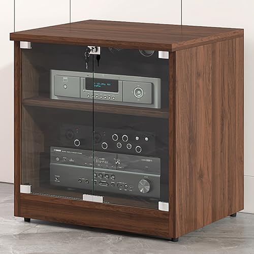 Meuble Chaine Hifi, Étagère DVD for Équipement Audio, Audio Meuble Rack, Panneau de Particules, Serrure de Porte À Double Vitrage pour Console de Jeu-Facile À Assembler(Walnut,2-tier H60CM/24)