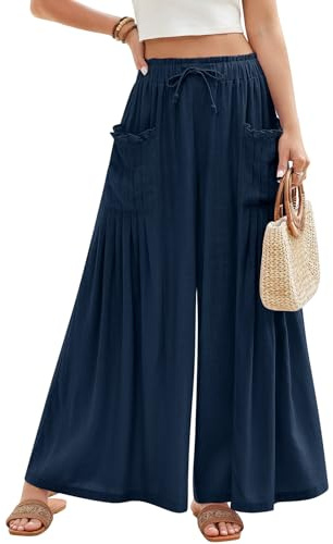 PASUDA Pantalones Mujer Verano Largo Lino Pantalon Anchos Ligeros Frescos Cintura Alta Elástico Casuales Fluido Pantalón con Falda Comodo Pants de Playa con Bolsillos Cordón (Azul Marino, L)
