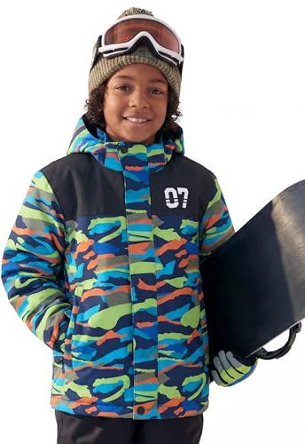 FREE SOLDIER Boy's Waterproof Warm Ski Jacket Windproof Fleece Thick Kids Winter Coat with Hood for Snowboarding Outdoor (Mountain Stripe 8-9/Boy)