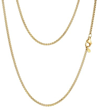 PROSTEEL Mens Necklace Chain Round Box Chain for Men Women Thin Gold 2MM 18 Inch Hypoallergenic 316L Stainless Steel Jewellery (Send Gift Box)
