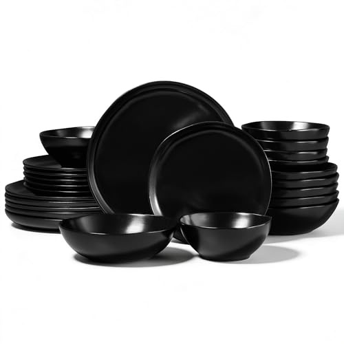 Onader 24 Piece Reactive Glaze Dinner Set for 6 People, Classic Black | Porcelain Dinner Sets, Irregular Round Stoneware Dinnerware Service for 6, Plates and Bowls, Dishwasher & Microwave Safe