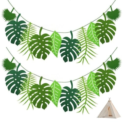 2 Stück Dschungel Deko Geburtstag,Blätter Girlande Palmblätter,Grüne Tropische Banner Palmblatt Wimpel,Künstliche Safari Tropical Deko,Palmenblätter Dekoration für Geburtstagsfeier,Hawaii Gartenparty