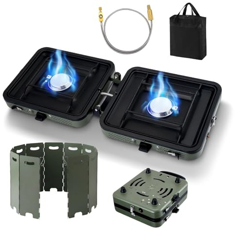 2 Burner Camping Stove Gas Portable, 4400W Foldable Camp Stove | Adjustable Burners Lightweight with Wind Shield, Carry Bag for Camping, BBQ, Emergency Cooking, Picnic