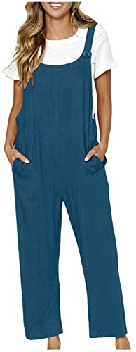 Women's Linen Overalls Baggy Wide Leg Jumpsuits Casual Fashion Adjustable Summer Sleeveless Rompers with Pockets Blue-L