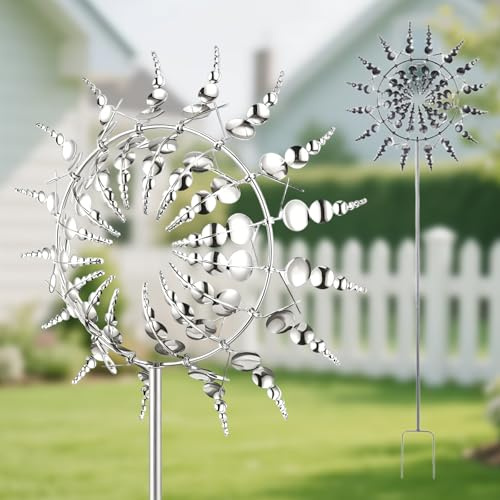 3D Metall-Windmühle, 30cm Magische Windmühle, Einzigartige und Magische Windspiel Garten mit Metall-Gartenpfahl, 360° Dual Rotors Kinetische Wind Spinner für Terrasse Patio Rasen Garten (Silber)