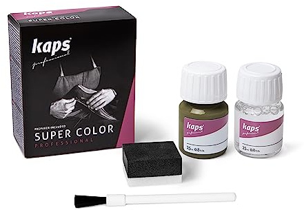 Kaps Professional Lederfarbe Super Color + Preparer für Naturleder, Synthetik und Textil (je 25 ml) zur Pflege und Reparatur von Lederschuhen in Verschiedenen Farben (134 - Oliv)
