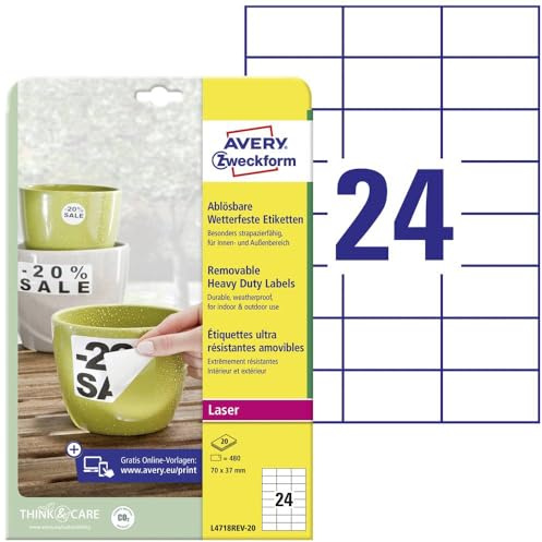AVERY Zweckform L4718REV-20 Wetterfeste Folienetiketten (480 Aufkleber, 70x37mm auf A4, selbstklebend, wasserfest, wiederablösbar, strapazierfähig, bedruckbare Outdoor Klebefolie) 20 Blatt, weiß