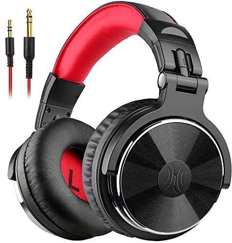 OneOdio Casque Audio Filaire DJ Piano Guitare avec Micro, Hi-Res Audio Extra Basse Son, Léger Confort Pliable Casques avec Share-Port, 2 câbles - Headphone pour PC Studio Monitor AMP Pro-10(Rouge)