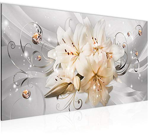 Runa Art Wandbild Blumen Lilien 1 Teilig 100 x 40 cm Modern Bild auf Vlies Leinwand Abstrakt Wohnzimmer Beige Grau 019812a