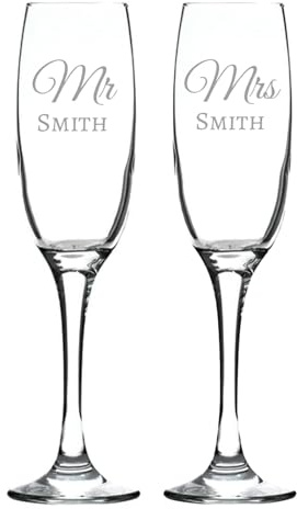 MR & MRS Personalised Pair of Champagne/Wine Flute Glasses - Wedding/Engagement/Anniversary in White Boxes