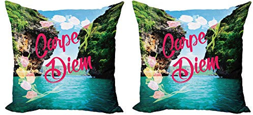 ABAKUHAUS Diciendo Set de 2 Fundas para Cojín, Carpe Diem Mensaje, con Estampado en Ambos Lados con Cremallera, 45 cm x 45 cm, Multicolor