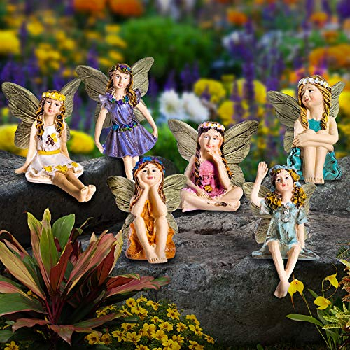 GloBrite 10cm Set of 6 Mini Fairy Garden Ornaments Outdoor - Garden Fairy Statues for Lawn, Yard, Flower Beds - Hand-Painted Decorative Figurines - Durable Waterproof Polyresin - Gift for Women & Kids