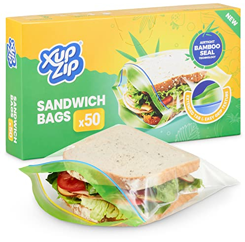 XupZip Reusable Sandwich Bags – 19cm x 17cm Small Zip Lock Bag With Airtight Bamboo Seals – Easy To Open Food Freezer Bags – Heavy Duty Food Bag for Sandwiches & Snacks – 50 Pcs