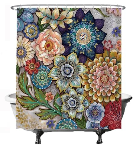 Ulticool duschdraperi, färgglada blommor, naturkonst, 180 x 200 cm, tvättbart, anti-mögel, vattentätt, med 12 ringar, röd, grön, blå, brun, gul