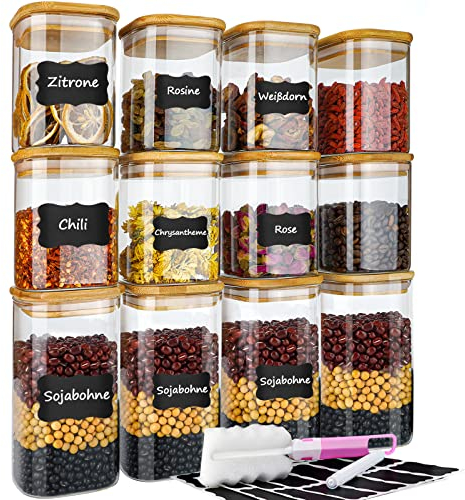 OSORD Vorratsgläser mit Deckel 12er Set,Vorratsdosen Glas mit Deckel Küche Luftdicht Glasbehälter mit Deckel Aufbewahrungsgläser für Kaffee Gewürz oder andere Backwaren