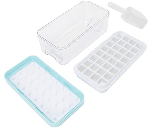 Ice Cube Trays with Lid and Bin, Easy Release Silicone Mold for Whiskey Cocktails, Includes Scoop and Storage Container, 2Pcs Blue