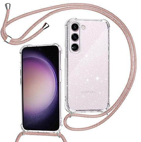 Tikgue Handykette für Samsung Galaxy S23 5G Hülle mit Band, Handyhülle mit Kordel zum Umhängen Schutzhülle mit Kette Glitzer Transparent Weich TPU Silikon Bumper - Roségold