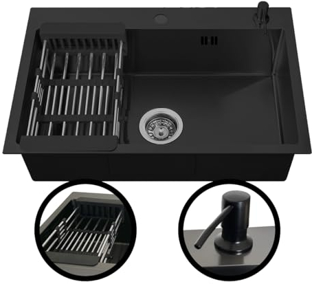 INGUZ | Évier de cuisine 1 bac | 60 x 45 cm | Évier en acier inoxydable avec distributeur de savon, siphon et trop-plein | Pour plan de travail ou encastré | Éviers modernes pour cuisine | Noir