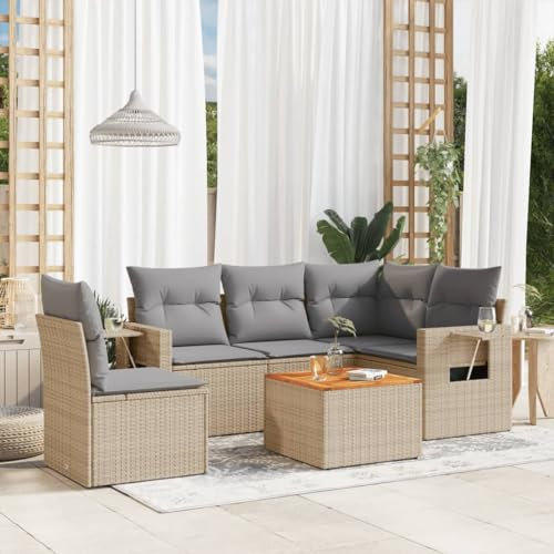 Rantry 6-TLG. Gartenmöbel Set mit Kissen Gartensofa Balkonmöbel Gartenlounge Loungesofa Rattansofa Ecklounge Ecksofa Sitzgruppe mit Gartentisch Loungemöbel Beige Poly Rattan