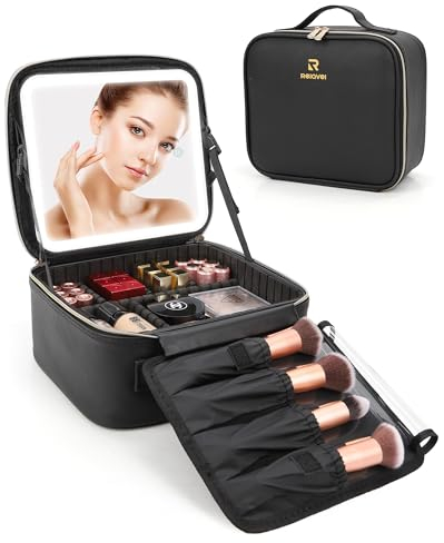 Kosmetiktasche Reise-Make-up-Tasche mit Beleuchtetem Spiegel, Relavel Schminktasche mit 3 Farbigem Mirror, wasserdichte Beauty Case Kosmetikkoffer für Damen (Schwarz, Klein)