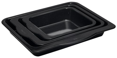 ProCook Heavy Gauge Black Enamel Roasting Tin Set with Ergonomic Handles Induction & Dishwasher Safe Pans - 3 Piece, 28x24 cm, 36x28 cm, 40x35.5 cm
