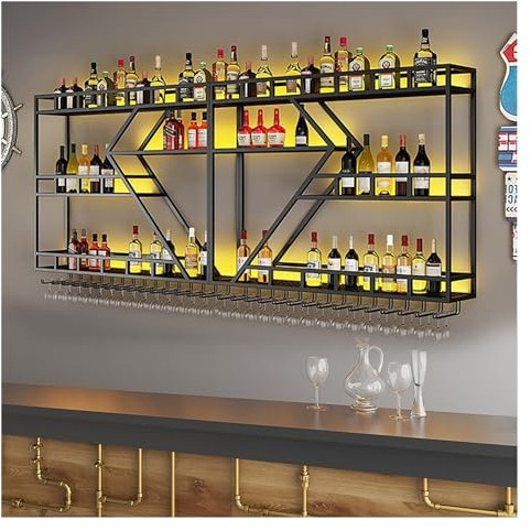 Weinregal Zur Wandmontage, Weinregal Palette Eisen Weinregal Für Die Wandbar Wand Flaschenhalter Küchenregal Weinregale Flaschenregal Weinglasregal, Für Esszimmer Bar Küche Weinkeller(Color:Black,Size