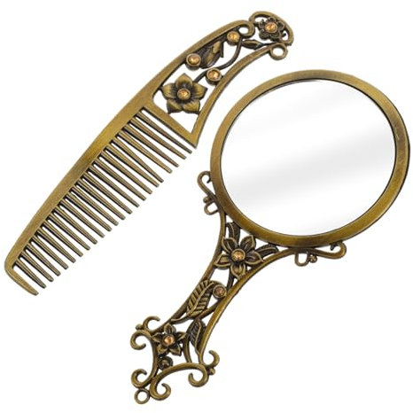 Beatifufu Schminkspiegel Mit Kamm Für Damen Kosmetikspiegel Für Make-up Kleiner Retro-Spiegel Für Outdoor-Gebrauch Für Reisen Und Schminktische