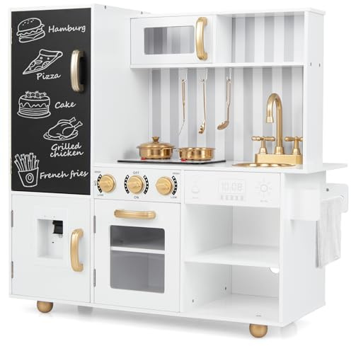 Maxmass Wooden Kids Toy Kitchen, Toddlers Play Kitchen with Chalkboard, Water Dispenser, Sink, Utensils, Pot, Pan, Sounds & Lights, Children Cooking Playset Pretend Kitchen for Boys Girls (White+Gold)