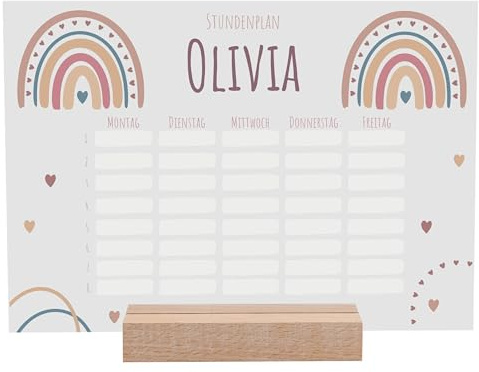 Stundenplan abwischbar personalisiert mit Namen - DIN A4 - Regenbogen | + Holzhalter und Stift, Geschenke für die Einschulung, Einschulungsgeschenk Mädchen/Junge, Wochenplan Kind Regenbogen