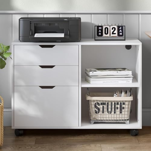 AuraCraft Aktenschrank,Rollcontainer,Büroschrank,Aufbewahrungsschrank aus Holz auf Rollen,Mit 3 Schubladen und 2 offenen Ablagen,79.5x40x62.5CM (Weiß)