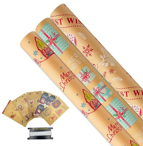 Kraft-Geschenkpapierrollen, 3 Rollen 43 cm x 6 m Weihnachts-Geschenkpapierrolle mit Anhängern und Band, geeignet für Weihnachts-, Geburtstags-, Party- und Festgeschenkdekorationen