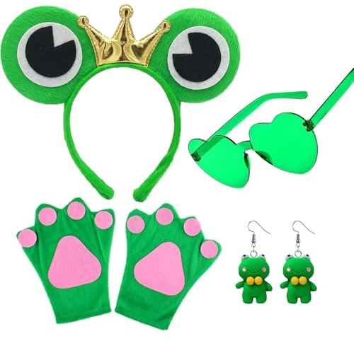 XINDY Frosch Kostüm Erwachsene, Froschkönig Kostüm Damen, Frosch Haarreif Froschkönig Haarreif Frosch Ohrringe Herz Sonnenbrille Grün Handschuhe für Frosch Kostüm Damen Fasching Karneval Kostüm Damen