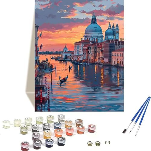 Malen nach Zahlen für Erwachsene Venedig, Malen Nach Zahlen Kinder Graffiti-Ölgemälde-Kits auf Leinwand mit Pinseln und Acrylpigment, Street Art Sonnenuntergang für Heimdekoration, (60x80cm) 7-9