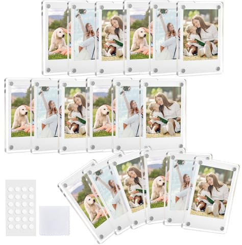 TWING 18 Pack Acrylic Fridge Magnet Frames, Double Sided Photo Refrigerator Magnetic Mini Photo Frame for Fujifilm Instax with Sticky Dots, Clear Picture Display Frame with Cloth, 2.4 x 3.5 Inch
